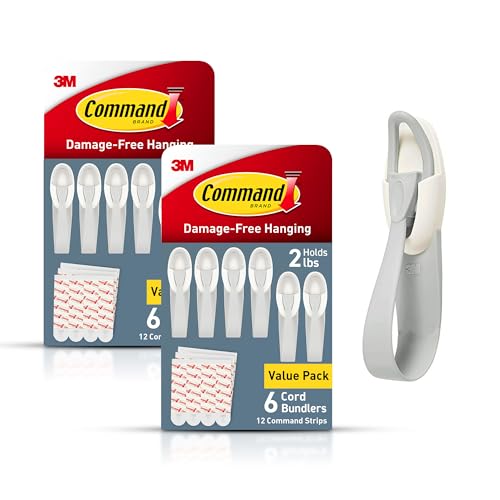 Command Cord Bundlers, Damage-Free Hanging Cord Organizer, No Tools Required for Hanging Electrical Cables, 12 Gray Bundlers and 24 Strips - Image 1