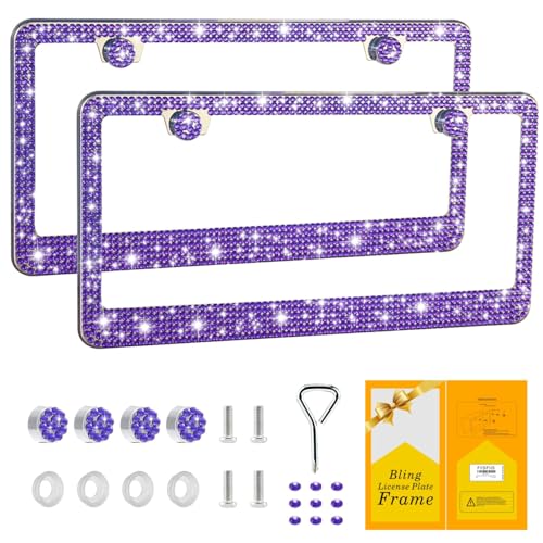 FIISFIIS Bling License Plate Frame for Women,2 Pack Premium Stainless Steel Rhinestone License Plate Holder,Handmade Glitter Crystal Diamond Lincense Plate Cover for Girl,Bedazzled Sparkly Caps-Violet - Image 1