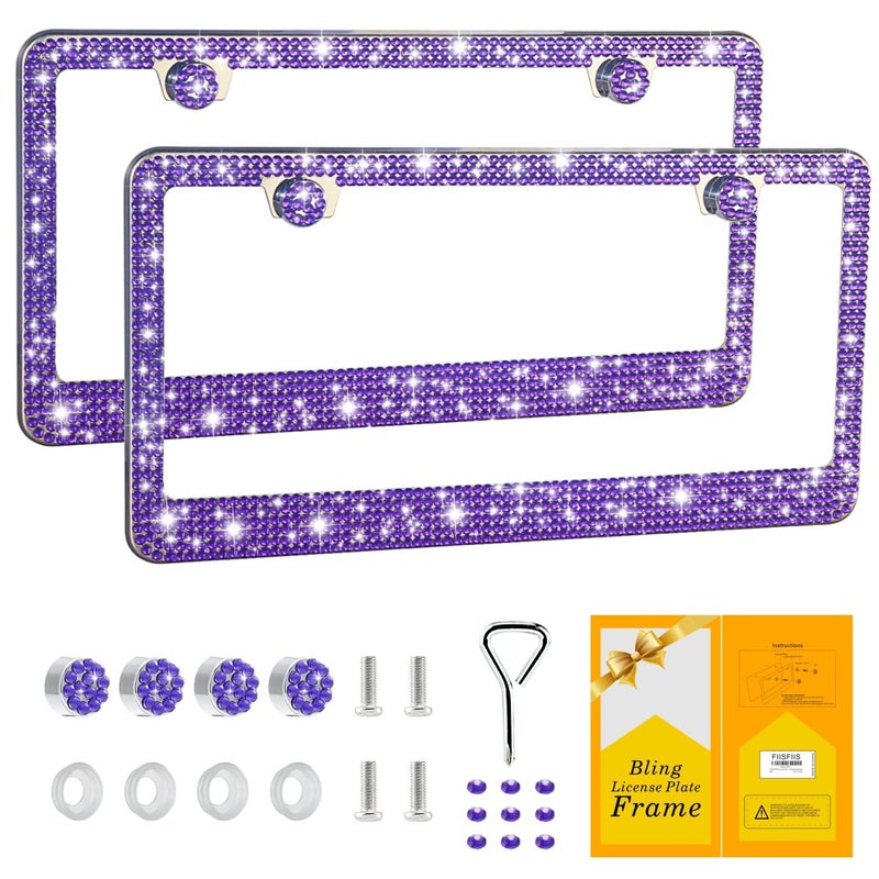 FIISFIIS Bling License Plate Frame for Women,2 Pack Premium Stainless Steel Rhinestone License Plate Holder,Handmade Glitter Crystal Diamond Lincense Plate Cover for Girl,Bedazzled Sparkly Caps-Violet - Image 2