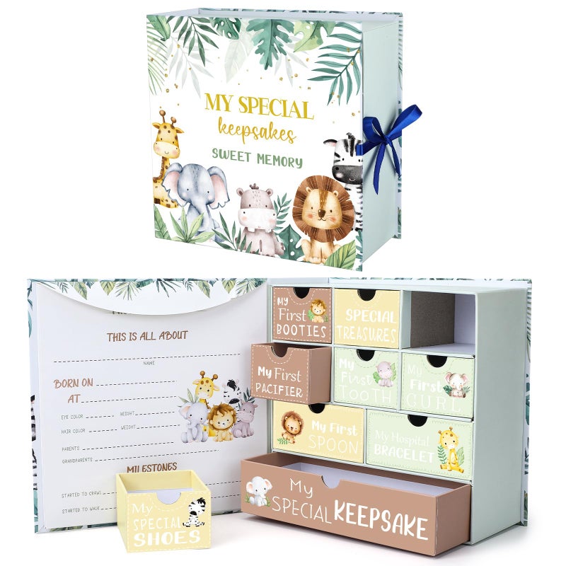 Beeveer Beeveer Baby Keepsake Box Newborn Memory Organizer with 9 Labeled Compartments Newborn First Keepsake Book Gift Box for Pregnancy Gender Neutral Baby Shower Maternity