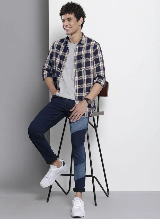 The Indian Garage Co The Indian Garage Co Men Navy Blue Checked Shirt with Slim Collar
