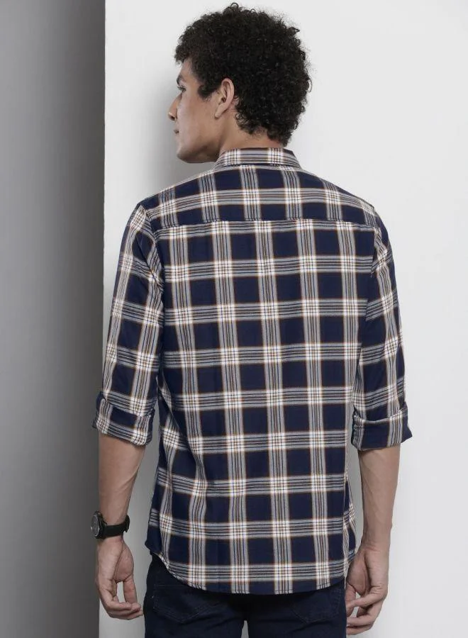 The Indian Garage Co The Indian Garage Co Men Navy Blue Checked Shirt with Slim Collar
