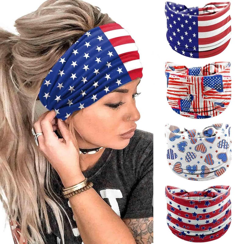 أربطة رأس أولبي ليوم 4 يوليو USA إكسسوارات شعر وطنية رباط رأس علم أمريكا عريض مزين بتوربان رباط رأس غير قابل للانزلاق رباط شعر مرن أحمر أبيض وأزرق باندانا نجوم وخطوط أربطة رأس لاحتفالات يوم الاستقلال إكسسوارات يوم 4 يوليو للنساء والفتيات عبوة من 4 أربطة رأس USA A