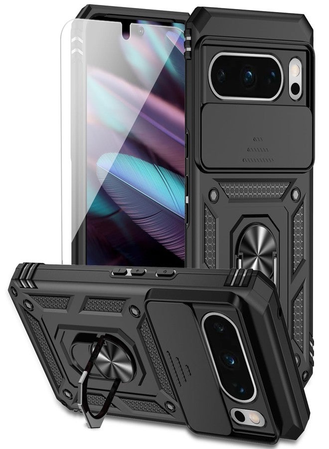 PUSHIMEI for Google Pixel 8 Pro Case with Slide Camera Cover HD Screen Protector [Military Grade 16ft. Drop Tested] Magnetic Ring Holder Kickstand Protective Phone Case for Google Pixel 8 Pro 2023, Black - Image 1