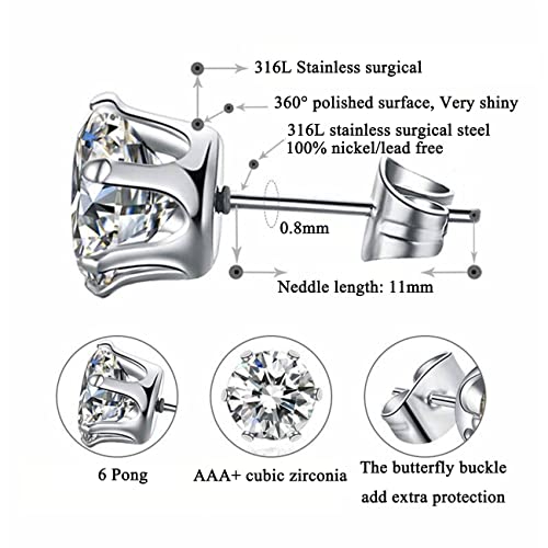 monochef 6 Pairs Stud Earrings Set, Hypoallergenic Clear Cubic Zirconia 316L Earrings Stainless Steel CZ Earrings for Women for Men 3-8mm - Image 2