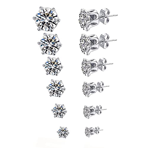 monochef 6 Pairs Stud Earrings Set, Hypoallergenic Clear Cubic Zirconia 316L Earrings Stainless Steel CZ Earrings for Women for Men 3-8mm - Image 1