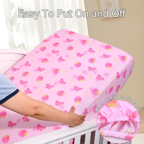 UOMNY Crib Sheet,Strawberry Bow Crib Sheets Baby Sheet for Standard Crib and Toddler Mattresses Nursery Bedding Sheet Crib Mattress Sheets for Boys and Girls 1 Pack Toddler Sheet - Image 3