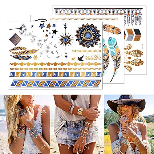 GICUNK 9 sheets 110+ Metallic Temporary Tattoos for Adult Women Girls Tattoos Gold Silver Glitter Flash Waterproof Tattoo Stickers for Beach, Festivals, & Parties - Image 3