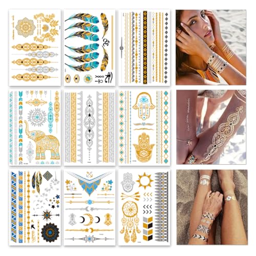 GICUNK 9 sheets 110+ Metallic Temporary Tattoos for Adult Women Girls Tattoos Gold Silver Glitter Flash Waterproof Tattoo Stickers for Beach, Festivals, & Parties - Image 1