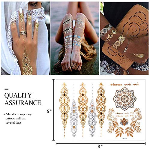GICUNK 9 sheets 110+ Metallic Temporary Tattoos for Adult Women Girls Tattoos Gold Silver Glitter Flash Waterproof Tattoo Stickers for Beach, Festivals, & Parties - Image 2
