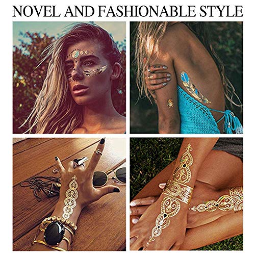 GICUNK 9 sheets 110+ Metallic Temporary Tattoos for Adult Women Girls Tattoos Gold Silver Glitter Flash Waterproof Tattoo Stickers for Beach, Festivals, & Parties - Image 4