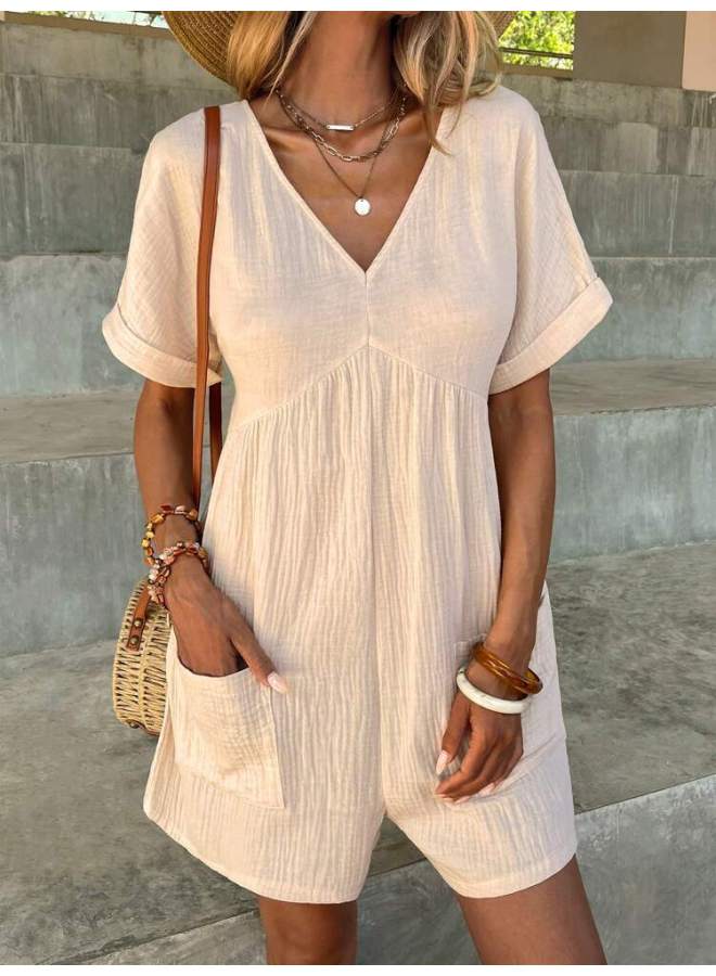 Summer European And American Fashion Solid Color V-neck Loose Batwing Sleeve Pocket Zipper Short Sleeve Jumpsuit