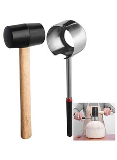 Generic Coconut Opener Tool Set Stainless Steel with Rubber Mallet 430 Stainless Steel Shell Opener Large Circular Sharp Blade Non-Slip Particles Silent Rubber Hammer Solid Wood Handle 6cm Wide Round Hole  - Image 1