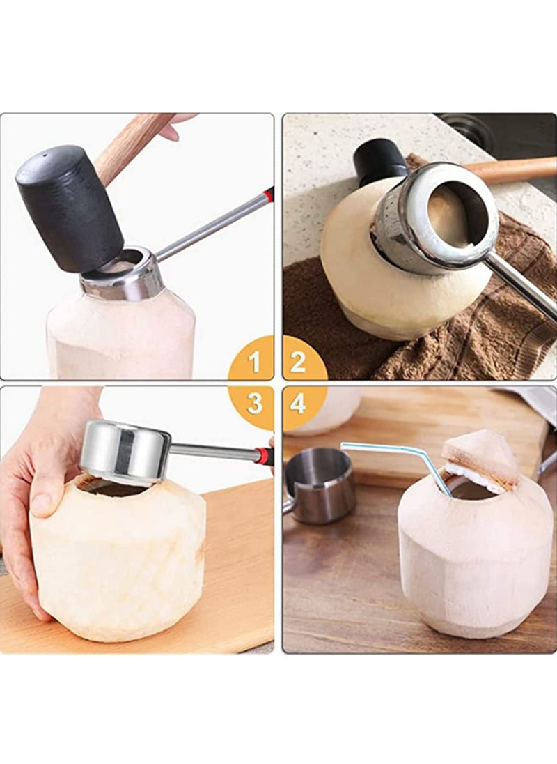 Generic - Coconut Opener Tool Set Stainless Steel with Rubber Mallet 430 Stainless Steel Shell Opener Large Circular Sharp Blade Non-Slip Particles Silent Rubber Hammer Solid Wood Handle 6cm Wide Round Hole - Image 1