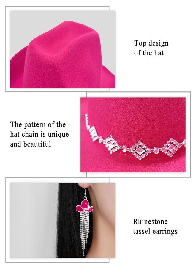 JIANGLAI Western Cowgirl Hat for Women Men, Fedora Wide Brim Rhinestone Cowboy Hat with Bandana and Cowgirl Tassels Earrings, Hot Pink, One size - Image 3