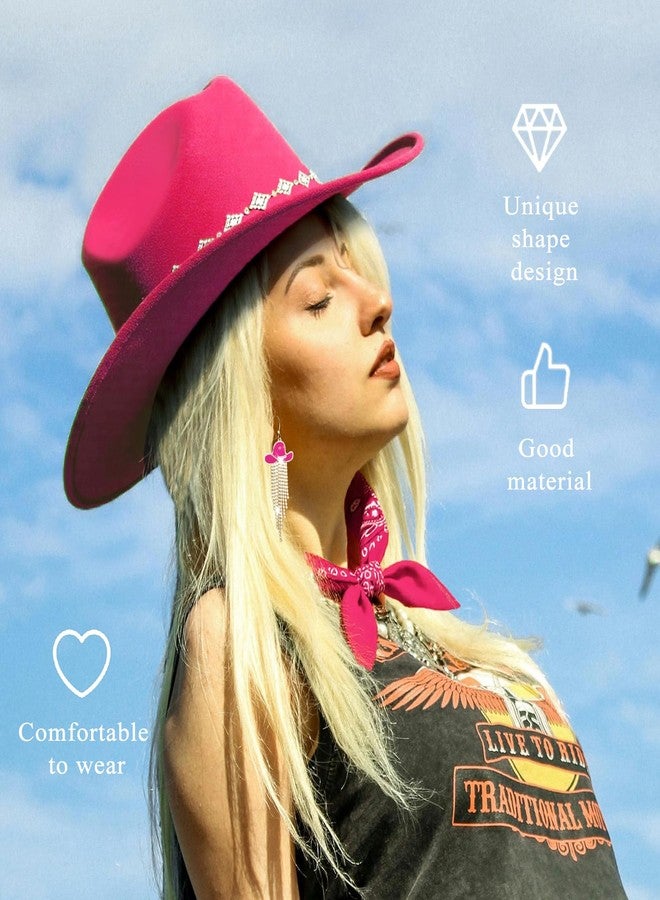 JIANGLAI Western Cowgirl Hat for Women Men, Fedora Wide Brim Rhinestone Cowboy Hat with Bandana and Cowgirl Tassels Earrings, Hot Pink, One size - Image 4