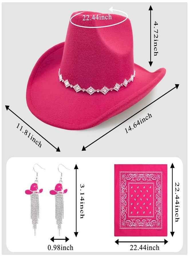 JIANGLAI Western Cowgirl Hat for Women Men, Fedora Wide Brim Rhinestone Cowboy Hat with Bandana and Cowgirl Tassels Earrings, Hot Pink, One size - Image 2