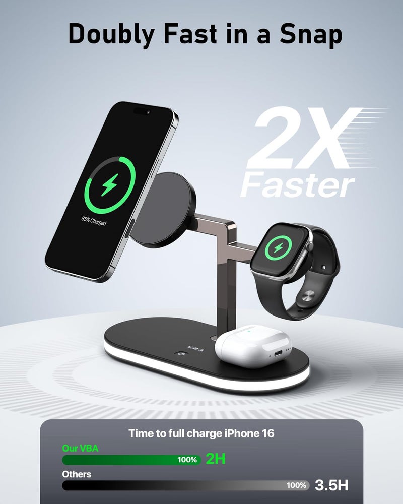 VBA 4 in 1 Wireless Charging Station for Apple MagSafe Charger,Fast Charging Magnetic Wireless Charger Stand with Night Light for iPhone 17 Air 16 15 14 13 12 Series,Apple Watch,AirPods Pro (Black) - Image 3
