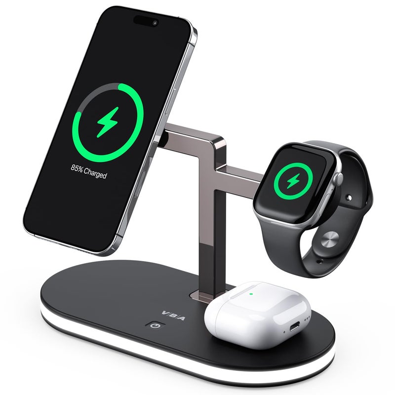 VBA 4 in 1 Wireless Charging Station for Apple MagSafe Charger,Fast Charging Magnetic Wireless Charger Stand with Night Light for iPhone 17 Air 16 15 14 13 12 Series,Apple Watch,AirPods Pro (Black) - Image 1