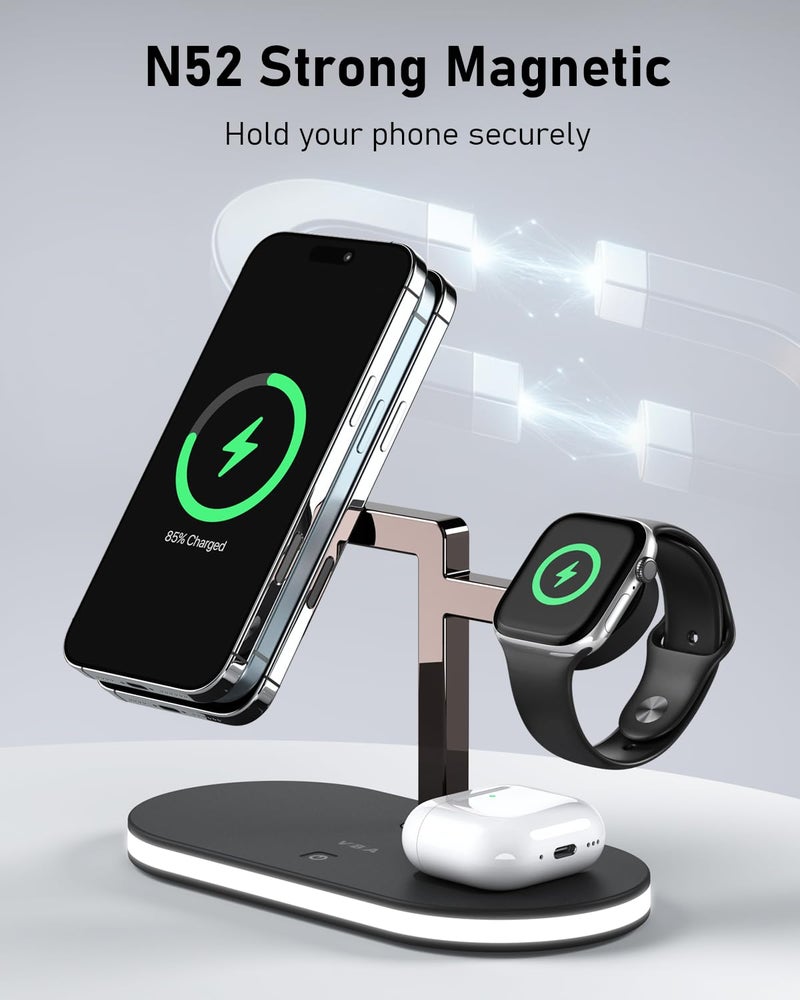 VBA 4 in 1 Wireless Charging Station for Apple MagSafe Charger,Fast Charging Magnetic Wireless Charger Stand with Night Light for iPhone 17 Air 16 15 14 13 12 Series,Apple Watch,AirPods Pro (Black) - Image 5
