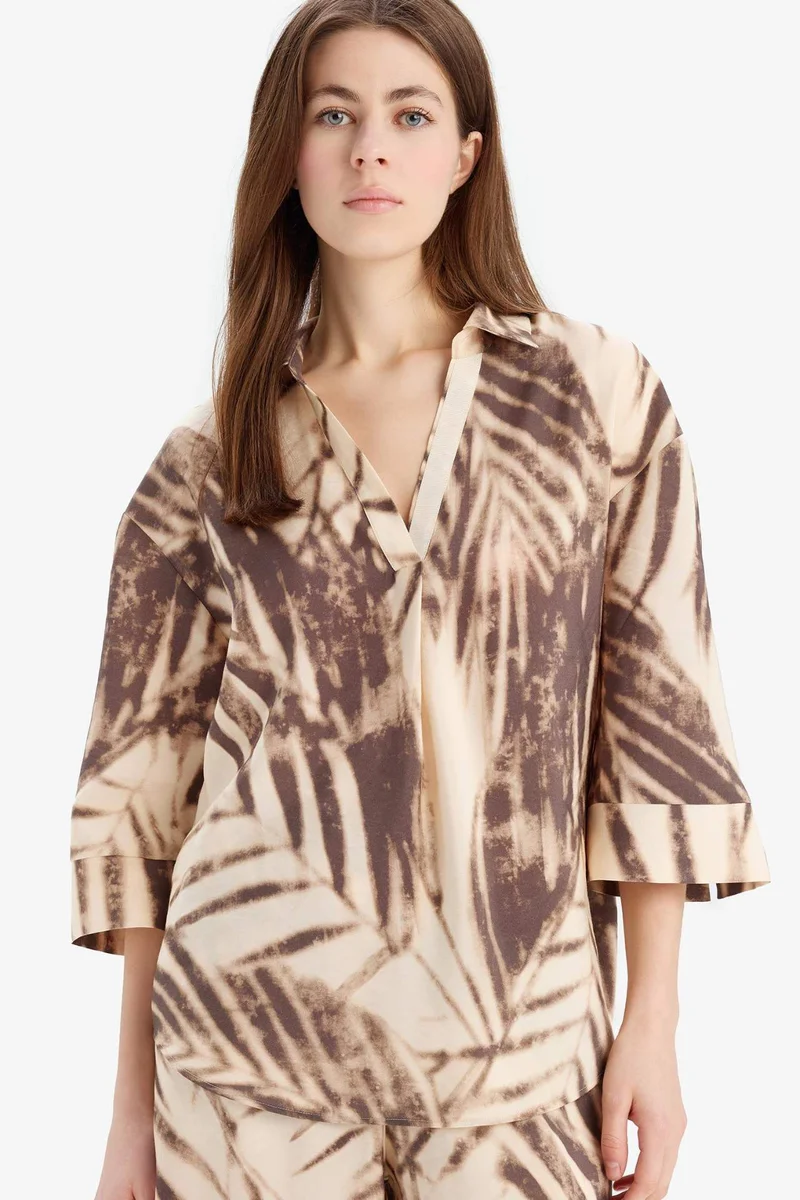 DeFacto Oversize Shirt Collar Printed Long Sleeve Blouse