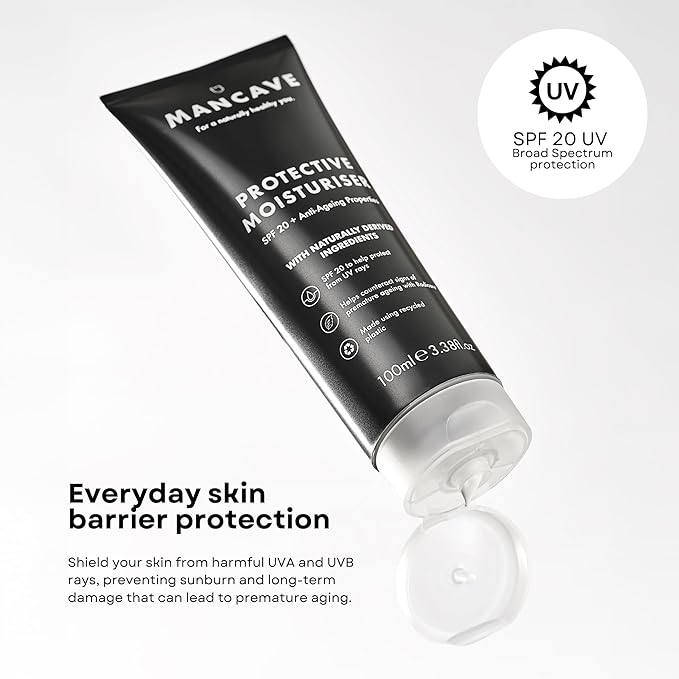 ManCave SPF 20 Moisturiser AntiAging Counteracts Signs of Aging SPF Face Moisturise Vitamin E Caffeine Natural Formulation Recycled Plastics CrueltyFree Powerful SPF 20 Protection - Image 2
