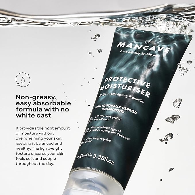 ManCave SPF 20 Moisturiser AntiAging Counteracts Signs of Aging SPF Face Moisturise Vitamin E Caffeine Natural Formulation Recycled Plastics CrueltyFree Powerful SPF 20 Protection - Image 3