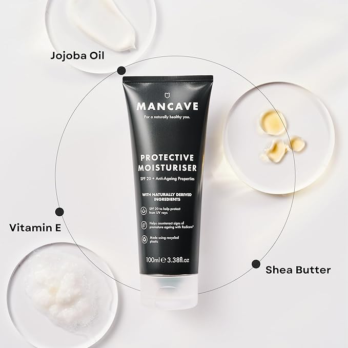 ManCave SPF 20 Moisturiser AntiAging Counteracts Signs of Aging SPF Face Moisturise Vitamin E Caffeine Natural Formulation Recycled Plastics CrueltyFree Powerful SPF 20 Protection - Image 4