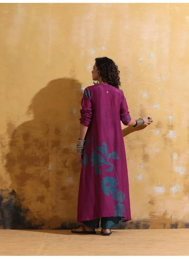 ترو برونز trueBrowns Purple Teal Print Muslin Silk Jacket Set