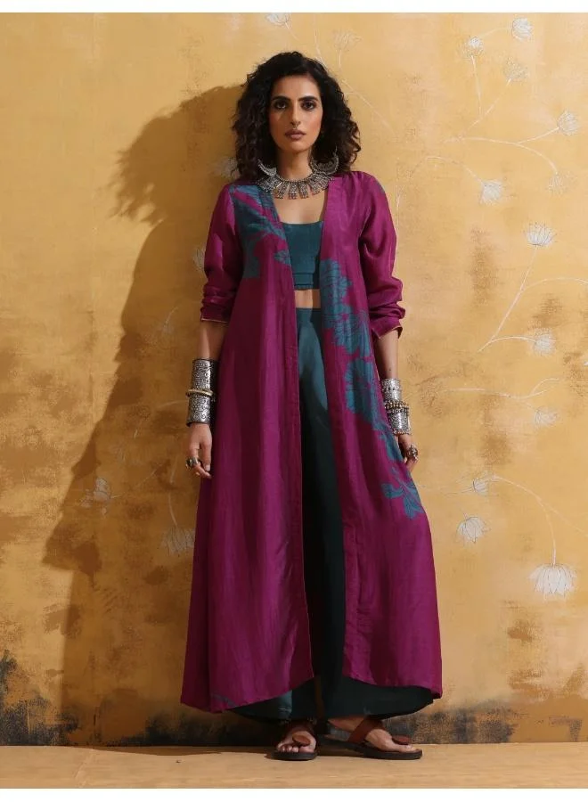 ترو برونز trueBrowns Purple Teal Print Muslin Silk Jacket Set