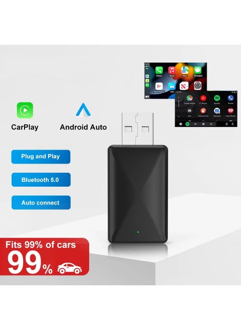 Mini Wireless Carplay Adapter, Convert Wired to Wireless Car Play & Android Auto 2-in-1 Adapter for Apple iPhone & Android Phone, Plug & Play, Auto Connect, No Delay, w/USB C for iOS 10+ Android 11+