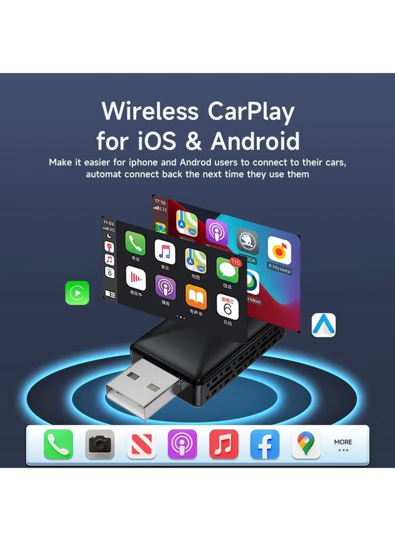 Mini Wireless Carplay Adapter, Convert Wired to Wireless Car Play & Android Auto 2-in-1 Adapter for Apple iPhone & Android Phone, Plug & Play, Auto Connect, No Delay, w/USB C for iOS 10+ Android 11+
