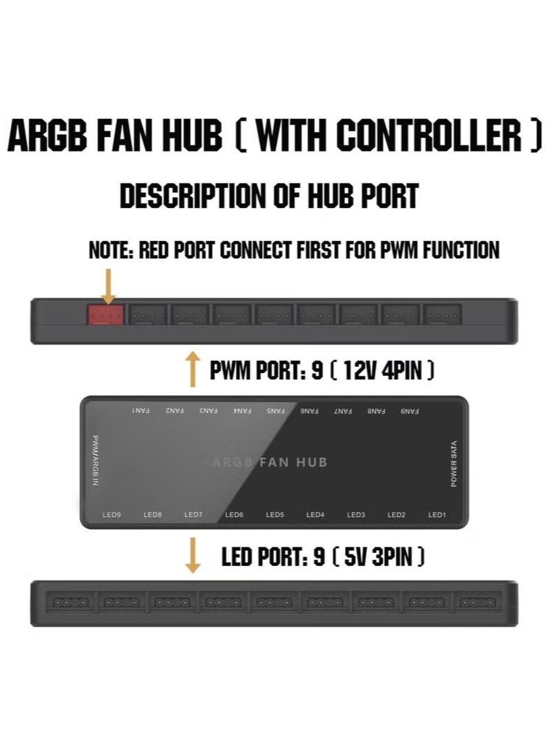 وحدة تحكم ARGB Fan HUB مع جهاز تحكم عن بعد، محور PWM يدعم 9 مجموعات من المراوح لـ 5V 3Pin ARGB & 12V 4Pin PWM، مروحة علبة RGB 2 في 1 مع قاعدة مغناطيسية مخفية وطاقة SATA (9 مجموعات) - Image 4