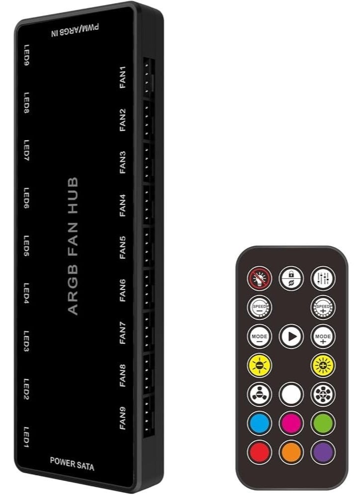 وحدة تحكم ARGB Fan HUB مع جهاز تحكم عن بعد، محور PWM يدعم 9 مجموعات من المراوح لـ 5V 3Pin ARGB & 12V 4Pin PWM، مروحة علبة RGB 2 في 1 مع قاعدة مغناطيسية مخفية وطاقة SATA (9 مجموعات) - Image 1