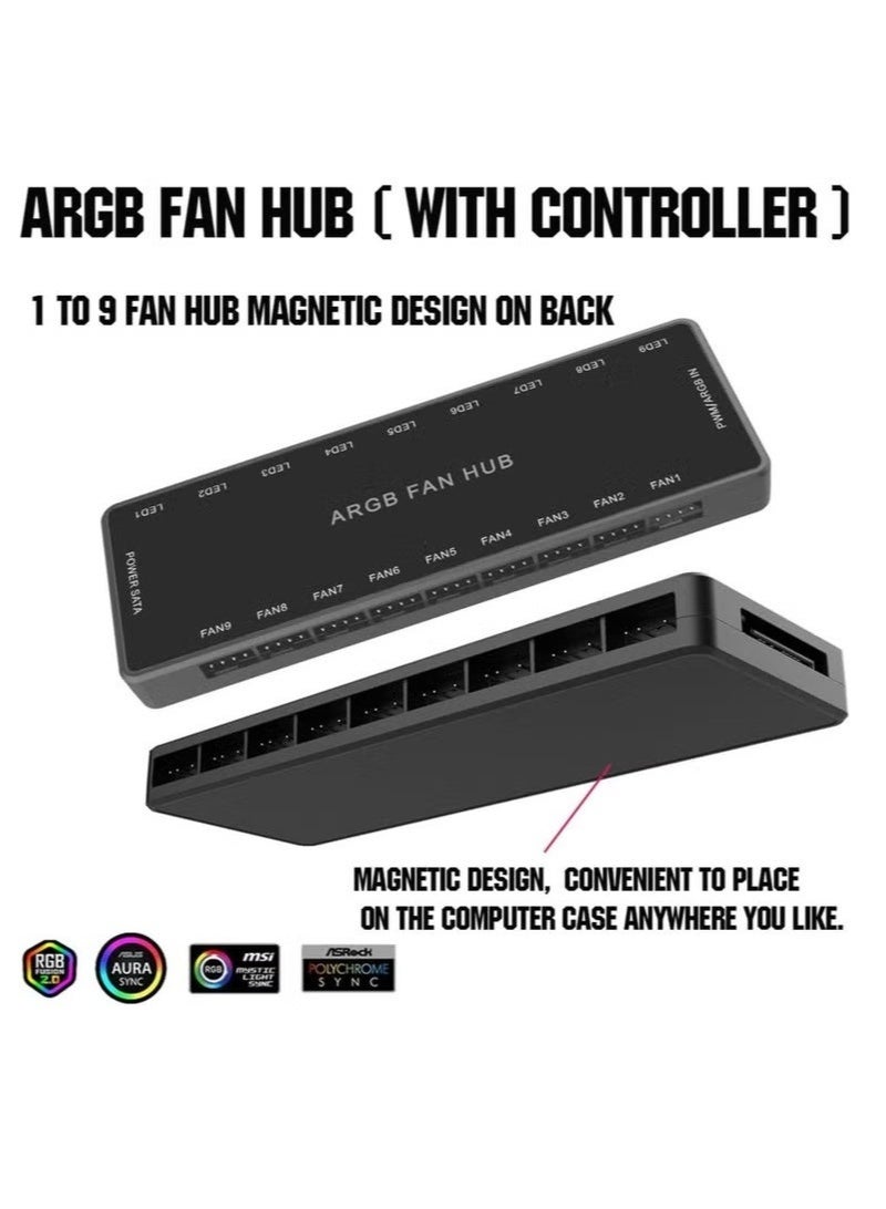 وحدة تحكم ARGB Fan HUB مع جهاز تحكم عن بعد، محور PWM يدعم 9 مجموعات من المراوح لـ 5V 3Pin ARGB & 12V 4Pin PWM، مروحة علبة RGB 2 في 1 مع قاعدة مغناطيسية مخفية وطاقة SATA (9 مجموعات) - Image 3