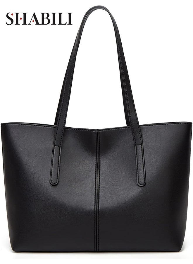 SHABILI Women Large-Capacity PU Leather Laptop Tote Briefcase, Ladies 15.6-Inch Zippered Shopper Shoulder and Hand-Carry Satchel, Office Computer Bag and Work Purse for Business College Daily Travel (Black) - Image 1