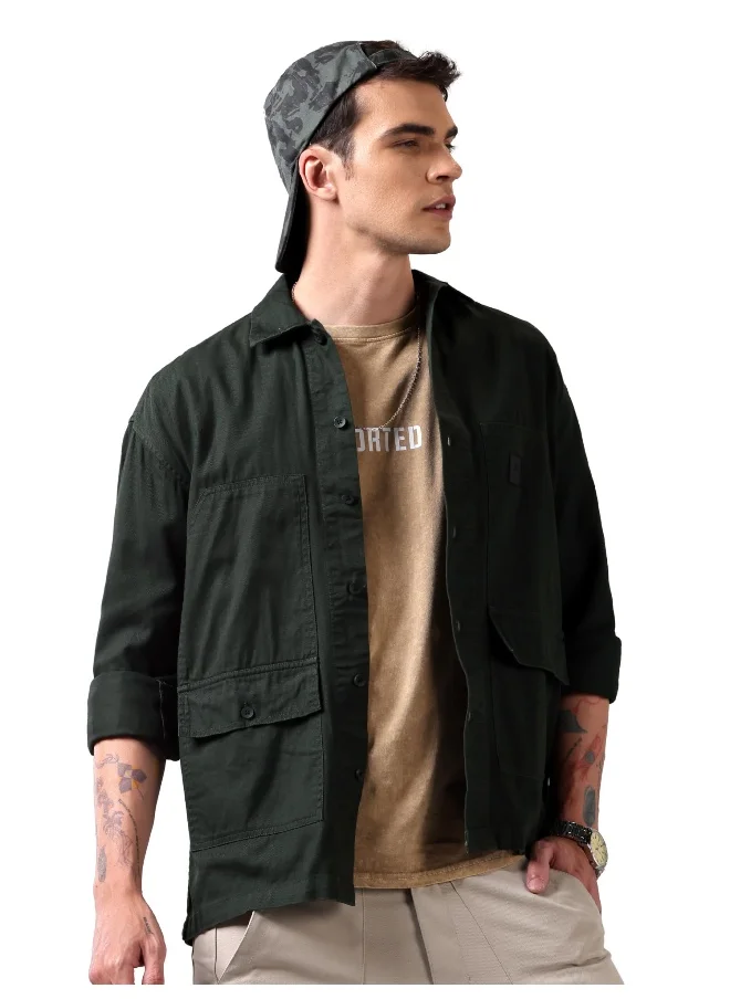 بيونغ Dark Olive Green Solid Cotton Twill Shirt for Men