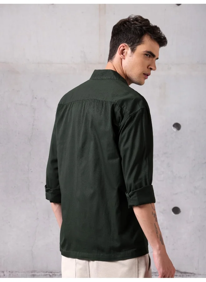 Beyoung Dark Olive Green Solid Cotton Twill Shirt for Men