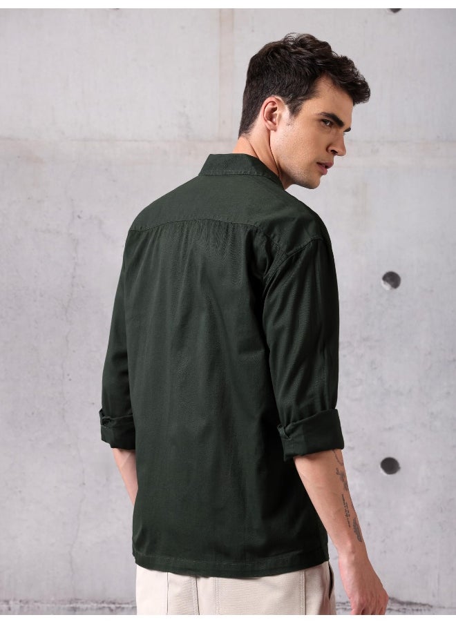Beyoung Dark Olive Green Solid Cotton Twill Shirt for Men  - Image 5