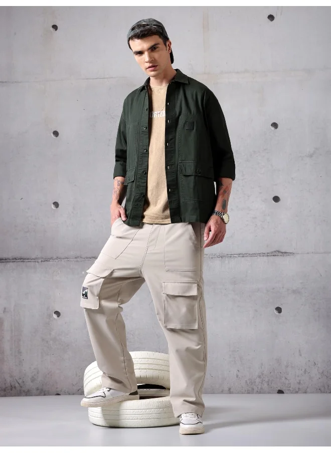 Beyoung Dark Olive Green Solid Cotton Twill Shirt for Men