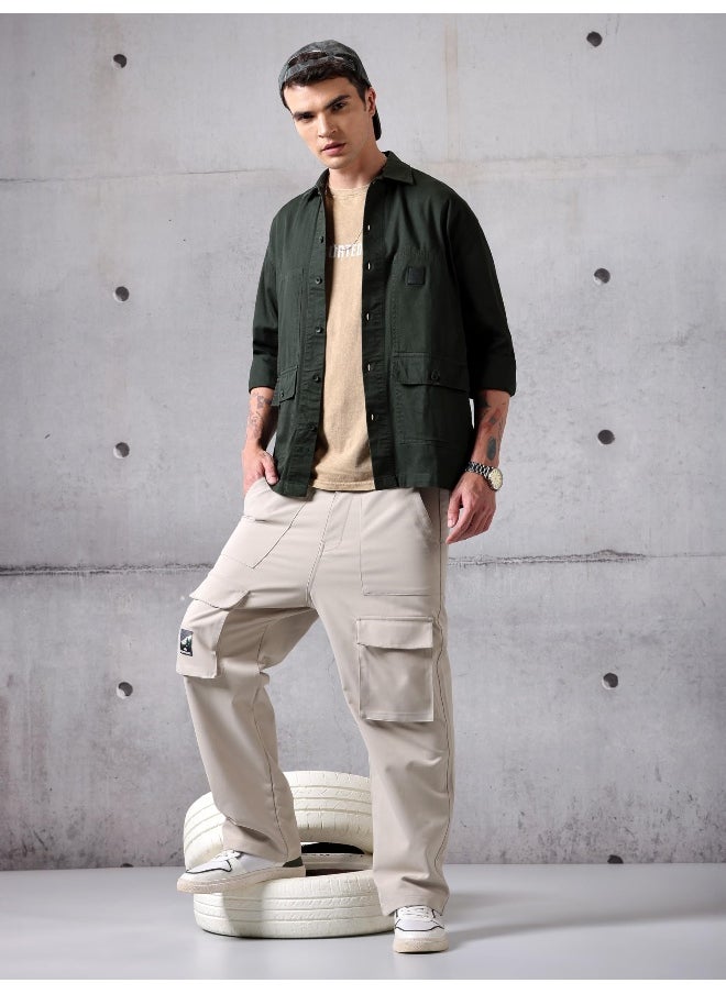Beyoung Dark Olive Green Solid Cotton Twill Shirt for Men  - Image 3