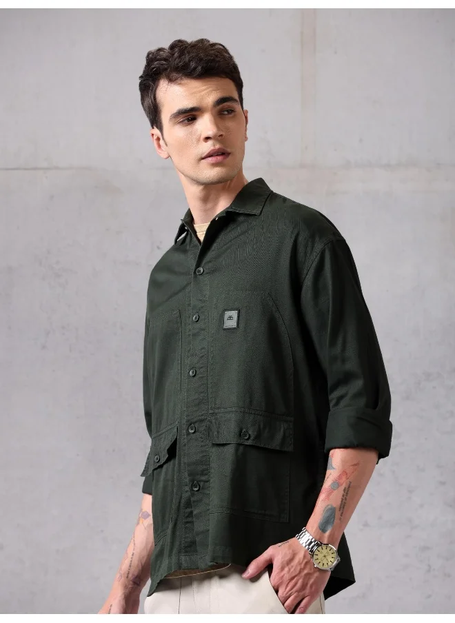Beyoung Dark Olive Green Solid Cotton Twill Shirt for Men