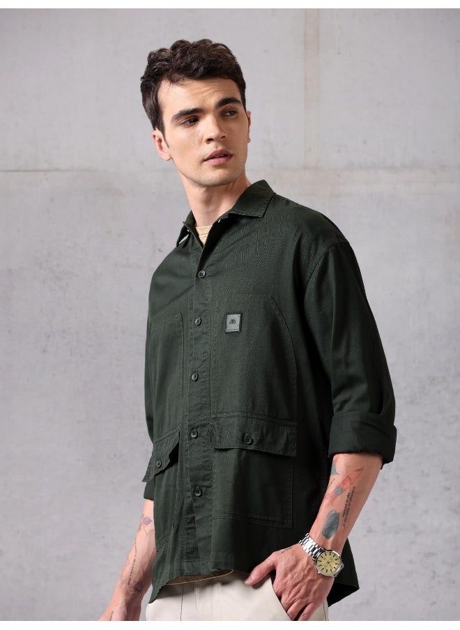 Beyoung Dark Olive Green Solid Cotton Twill Shirt for Men  - Image 4