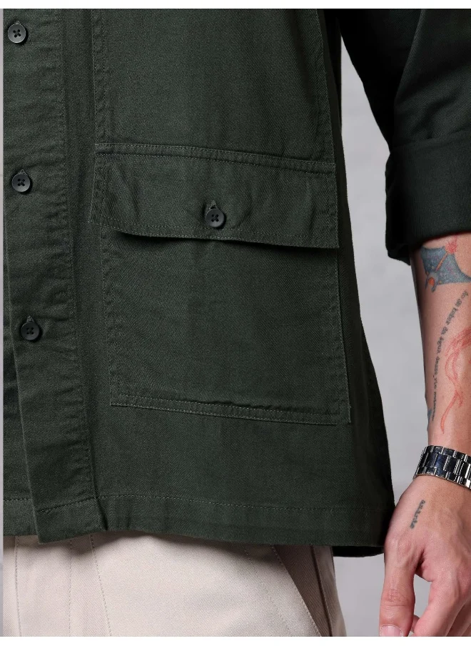 Beyoung Dark Olive Green Solid Cotton Twill Shirt for Men