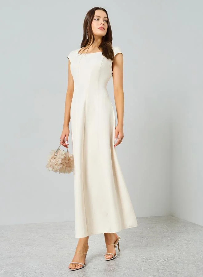 Take Two Beige Short Sleeve A-Line Maxi Dress