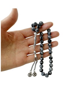 Fabienne Prayer Beads 33 Natural Stone Tasbih Set Snowflake Stones 8mm Dhikr Beads with Metallic Tassel Gift for Ramadan Eid Black/White  - Image 2