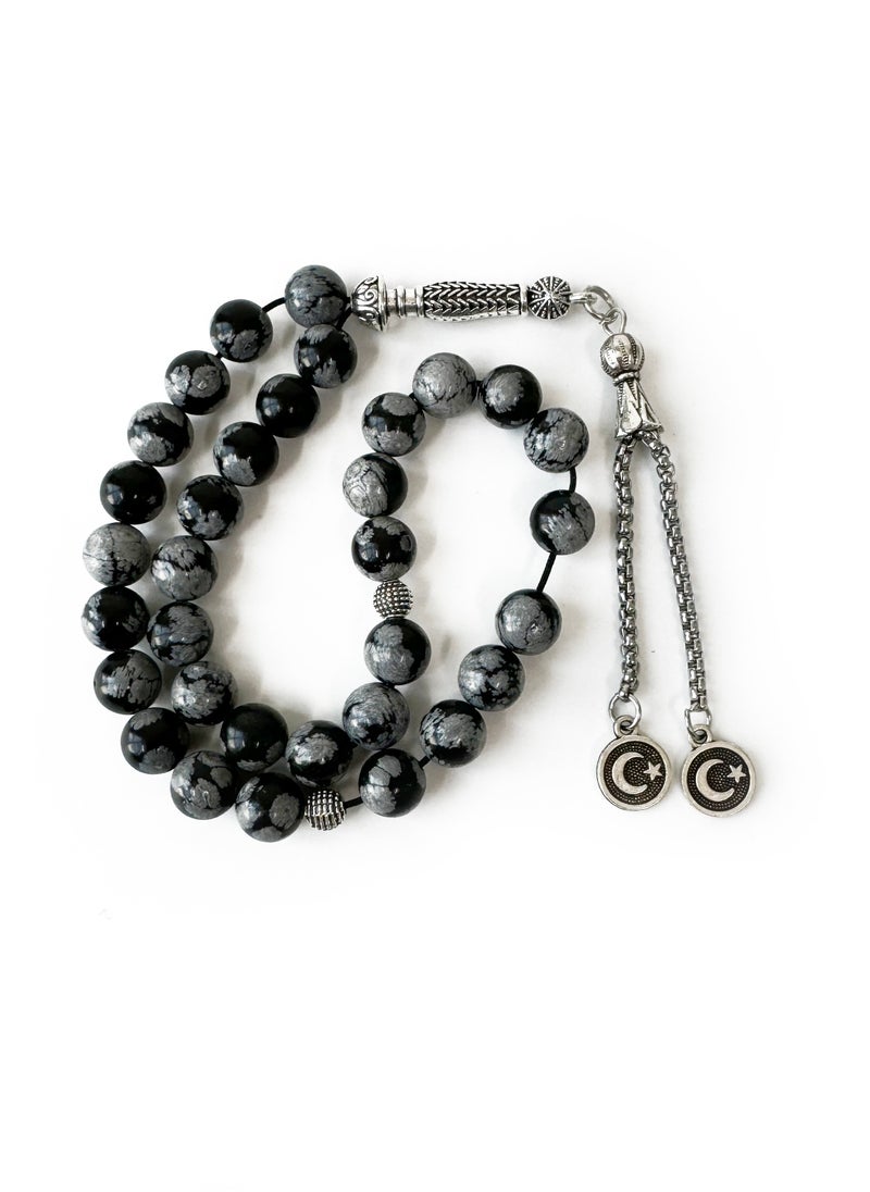 Fabienne Prayer Beads 33 Natural Stone Tasbih Set Snowflake Stones 8mm Dhikr Beads with Metallic Tassel Gift for Ramadan Eid Black/White  - Image 4