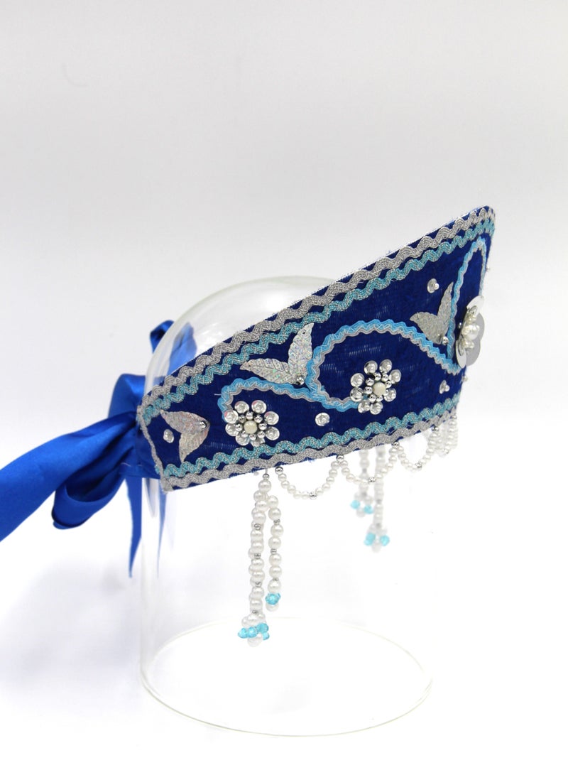 D'Daniela دي دانييلا - غطاء رأس تقليدي نسائي كوكوشنيك - أزرق مع خرز أبيض - Image 3