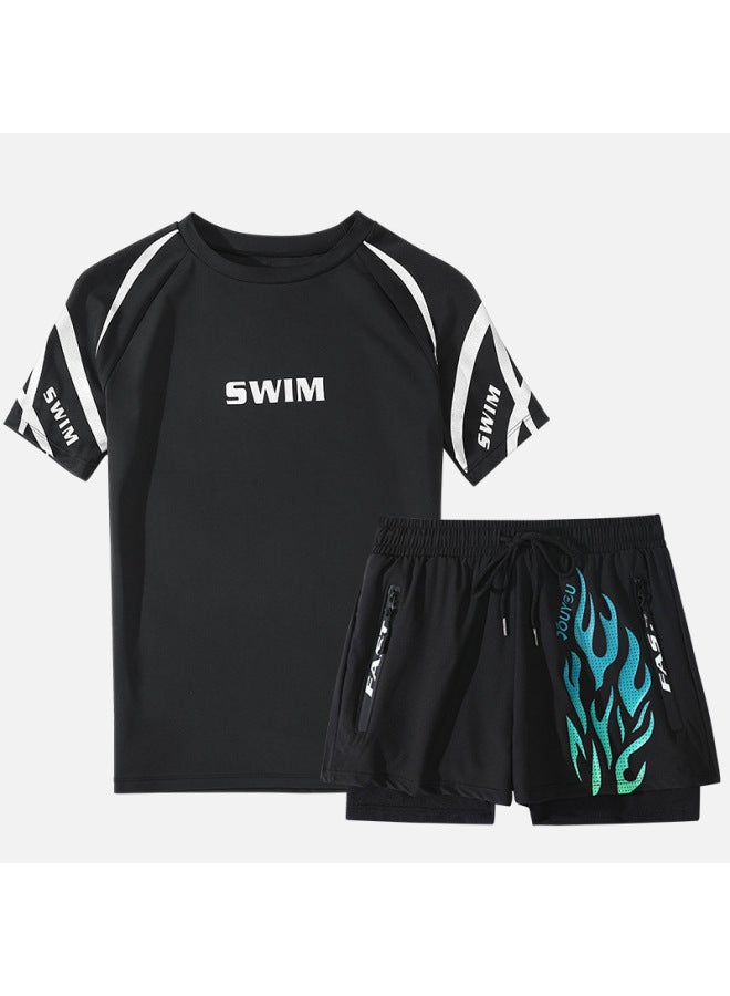 إسكدنيا ملابس سباحة رجالية بطبقة مزدوجة مضادة للإحراج، مقاس كبير، فضفاضة احترافية، ملابس سباحة رجالية واقية من الشمس ربيع حار لكامل الجسم - اللون: 135 بدلة سباحة + لهب أزرق 【قطعتين】】 - - Image 1