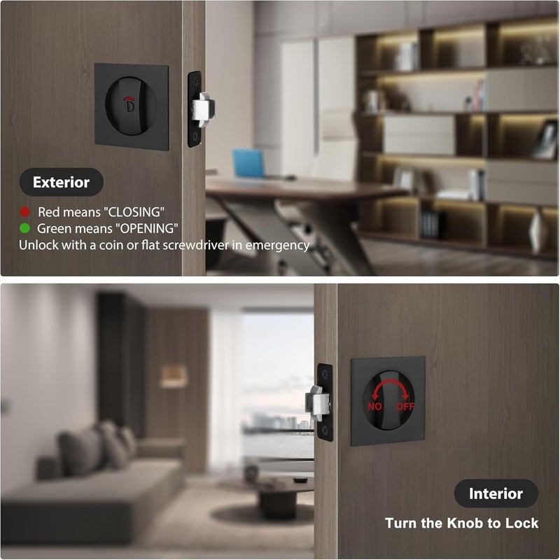 Malimali Pocket Door Lock, Matte Black Pocket Door Hardware Square Door Lock with Red-Green Indicators for Privacy Sliding Door Bifold Door Locks and Pulls Handles - Image 3